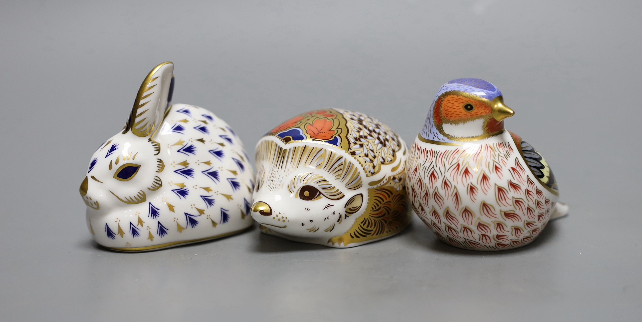 Three Royal Crown Derby paperweights - Limited edition P/W Rabbit, Chaffinch, and Hawthorn, gold stoppers, boxed, no certificates